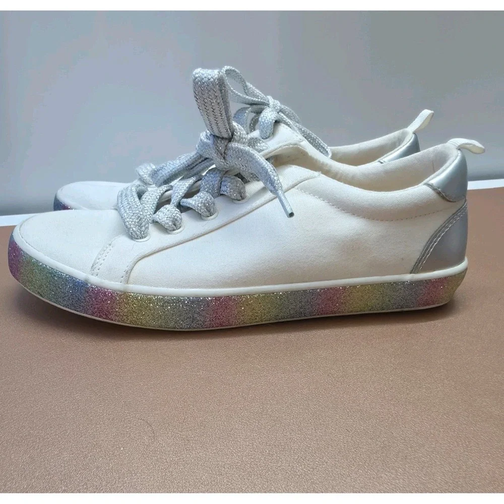 Gap Kids Cream Canvas Sneakers Sparkly Rainbow Trim Silver Laces Girls Size 4